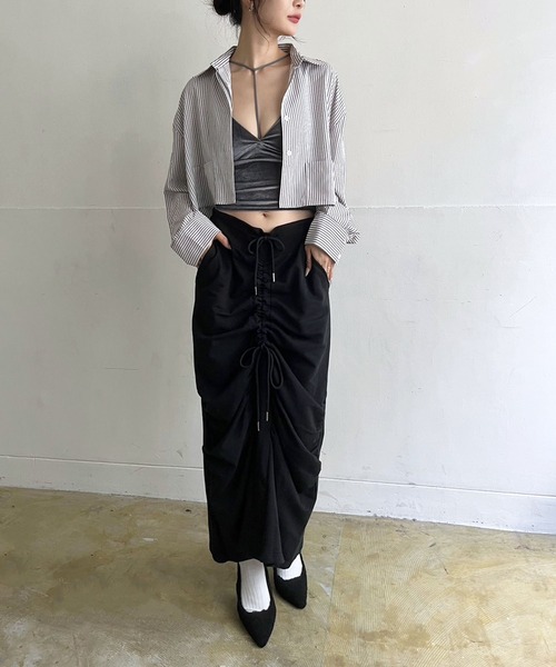 Jewelobe(ジュエローブ)の「ワイドカフスストライプクロップドシャツ(シャツ/ブラウス・レディース・ブラック/ホワイト/レッド/グリーン・FREE)」の12枚目の写真