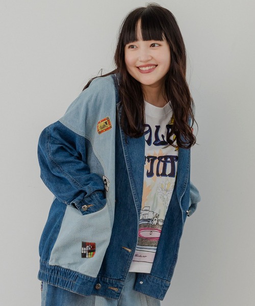 ScoLar(スカラー)の「143622:ケミカル加工orユーズドデニム風パッチワーク ジャケット(テーラードジャケット・レディース・グレー/ブルー・M)」の13枚目の写真