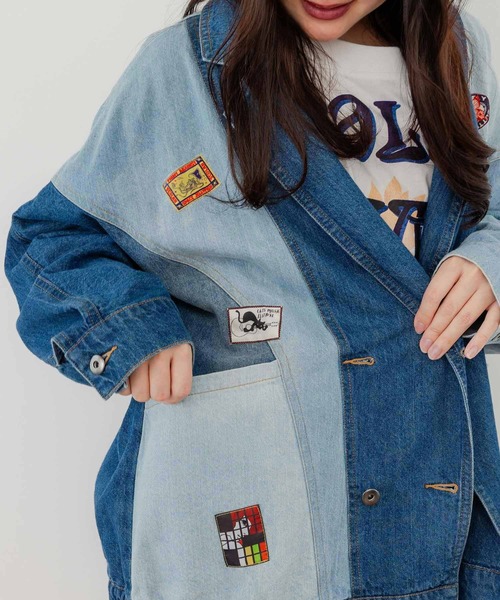 ScoLar(スカラー)の「143622:ケミカル加工orユーズドデニム風パッチワーク ジャケット(テーラードジャケット・レディース・グレー/ブルー・M)」の17枚目の写真