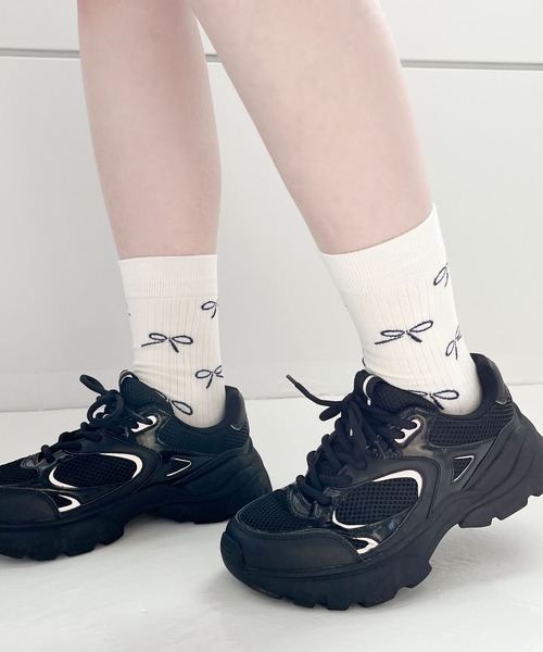 poiregnee（ポワニェ）の「［select］総柄 リボンソックス（ソックス/靴下・レディース・グレー/ブラック/ホワイト・FREE）」の6枚目の写真