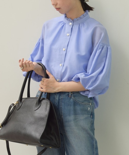 洗える】スタンドフリルボリュームスリーブブラウス（シャツ/ブラウス