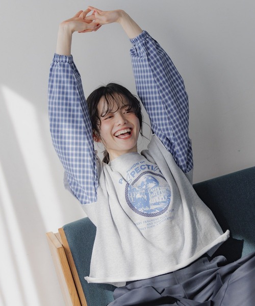 チェックスリーブフリルプルオーバー（Tシャツ/カットソー
