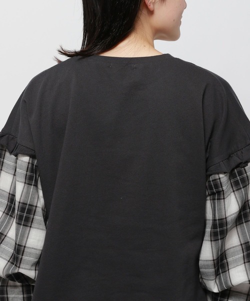 セール】チェックスリーブフリルプルオーバー（Tシャツ