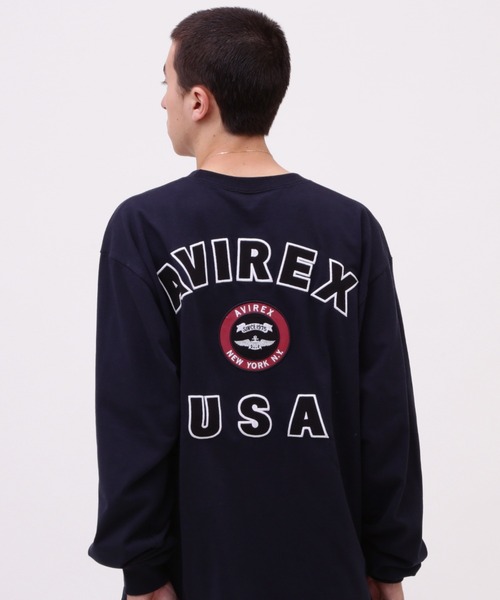 AVIREX（アヴィレックス）の「VARSITY LOGO LONGSLEEVE T-SHIRT / バーシティ ロゴ 長袖Tシャツ / AVIREX / アヴィレックス（Tシャツ/カットソー・メンズ・オフホワイト/オレンジ/ネイビー/ブラック・XX-LARGE/X-LARGE/MEDIUM/LARGE）」の3枚目の写真