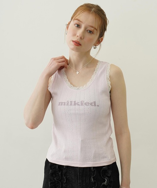 MILKFED.（ミルクフェド）の「COOPER LOGO LACE TANK TOP（タンクトップ・レディース・ライトピンク/オフホワイト/ブラック・ONE SIZE）」の4枚目の写真