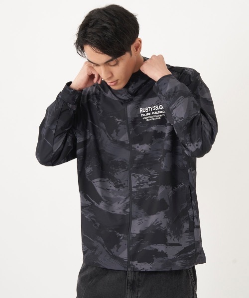 売れ筋商品|||RUSTY(ラスティ)_メンズ_プルパーカー【ブラック(BLK)】_925-025 セール】【RUSTY/ラスティー】UVジップパーカー バックプリント