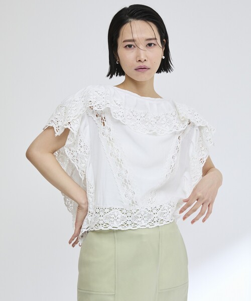Firsthand（ファーストハンド）の「Firsthand/ファーストハンド インドレース スクエア フリルブラウス / ショート丈 レースブラウス（シャツ/ブラウス・レディース・ホワイト/ブラック・FREE）」の7枚目の写真