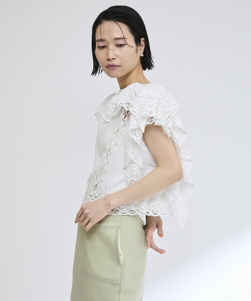 Firsthand（ファーストハンド）の「Firsthand/ファーストハンド インドレース スクエア フリルブラウス / ショート丈 レースブラウス（シャツ/ブラウス・レディース・ホワイト/ブラック・FREE）」の8枚目の写真