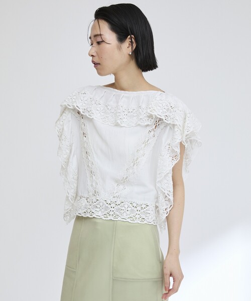 Firsthand（ファーストハンド）の「Firsthand/ファーストハンド インドレース スクエア フリルブラウス / ショート丈 レースブラウス（シャツ/ブラウス・レディース・ホワイト/ブラック・FREE）」の9枚目の写真