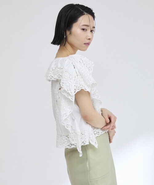 Firsthand（ファーストハンド）の「Firsthand/ファーストハンド インドレース スクエア フリルブラウス / ショート丈 レースブラウス（シャツ/ブラウス・レディース・ホワイト/ブラック・FREE）」の12枚目の写真