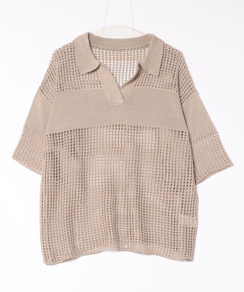 STYLEBLOCK（スタイルブロック）の「スクエアメッシュニットハーフスリーブポロカラープルオーバー（ニット/セーター・レディース・ピンク/アイボリー/ライトベージュ/ブラック・M）」の3枚目の写真