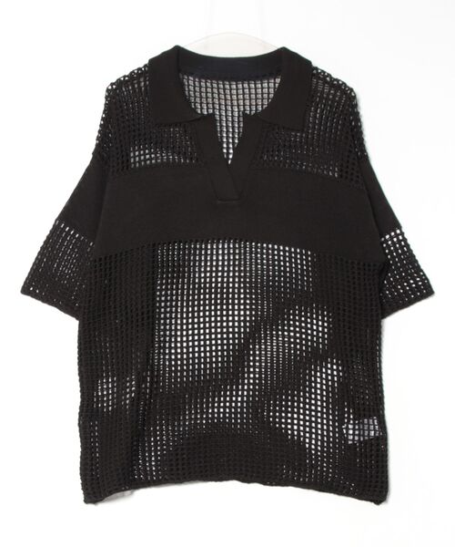STYLEBLOCK（スタイルブロック）の「スクエアメッシュニットハーフスリーブポロカラープルオーバー（ニット/セーター・レディース・ピンク/アイボリー/ライトベージュ/ブラック・M）」の2枚目の写真