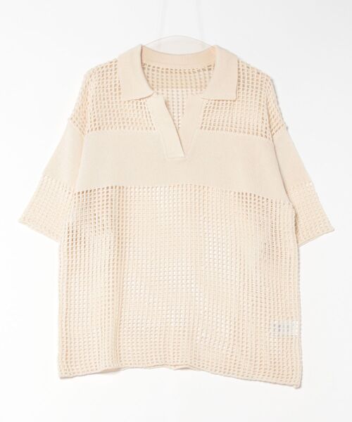 STYLEBLOCK（スタイルブロック）の「スクエアメッシュニットハーフスリーブポロカラープルオーバー（ニット/セーター・レディース・ピンク/アイボリー/ライトベージュ/ブラック・M）」の9枚目の写真