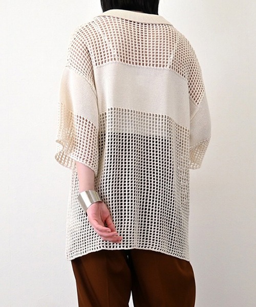 STYLEBLOCK（スタイルブロック）の「スクエアメッシュニットハーフスリーブポロカラープルオーバー（ニット/セーター・レディース・ピンク/アイボリー/ライトベージュ/ブラック・M）」の7枚目の写真