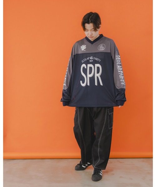 セール】351118：SPRロゴ柄メッシュ切替ロングスリーブTシャツ