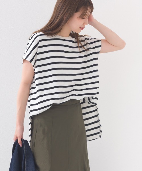 OMNES(オムネス)の「【接触冷感】 10番単ボーダーフレンチスリーブプルオーバー(Tシャツ/カットソー・レディース・ブルー/ホワイト×ブラック/ホワイト×ブルー/グレー系その他/ホワイト系その他/ホワイト×ネイビー・FREE)」の2枚目の写真