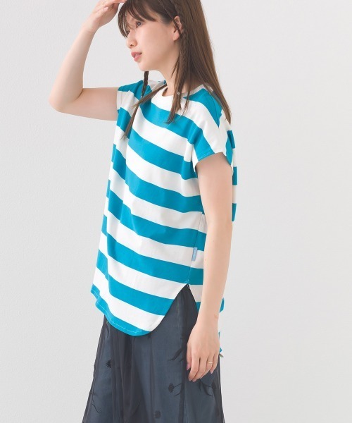 OMNES(オムネス)の「【接触冷感】 10番単ボーダーフレンチスリーブプルオーバー(Tシャツ/カットソー・レディース・ブルー/ホワイト×ブラック/ホワイト×ブルー/グレー系その他/ホワイト系その他/ホワイト×ネイビー・FREE)」の7枚目の写真