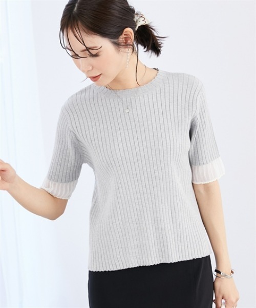 7days Life Styling（セブンデイズライフスタイリング）の「配色袖シアーリブニット（接触冷感・毛玉になりにくい・UVカット）＜大きいサイズ有＞（ニット/セーター・レディース・ブルー/杢グレー/ブラック・S/M/L/LL/3L）」の3枚目の写真