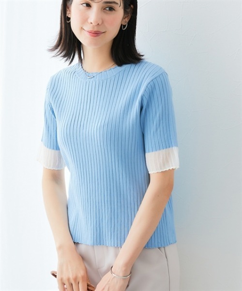 7days Life Styling（セブンデイズライフスタイリング）の「配色袖シアーリブニット（接触冷感・毛玉になりにくい・UVカット）＜大きいサイズ有＞（ニット/セーター・レディース・ブルー/杢グレー/ブラック・S/M/L/LL/3L）」の10枚目の写真