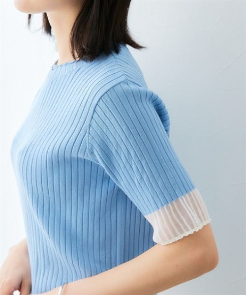 7days Life Styling（セブンデイズライフスタイリング）の「配色袖シアーリブニット（接触冷感・毛玉になりにくい・UVカット）＜大きいサイズ有＞（ニット/セーター・レディース・ブルー/杢グレー/ブラック・S/M/L/LL/3L）」の16枚目の写真
