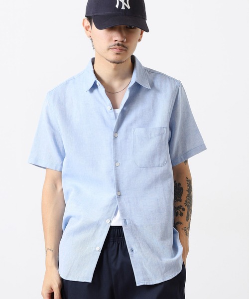 many men many mind(メニーメンメニーマインド)の「MANYMENMANYMINDS コットンリネンパナマ半袖レギュラーカラーシャツ(シャツ/ブラウス・メンズ・ブルー/ベージュ/ネイビー/ピンク・XL/L/M)」の3枚目の写真