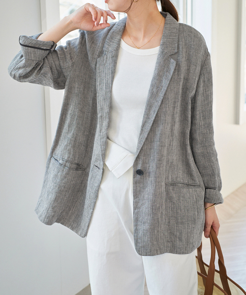 Spick & Span（スピックアンドスパン）の「《WEB限定 / 追加2》リネンエアリージャケット（テーラードジャケット・レディース・アイボリー/チャコールグレー・34/36/38/40）」の3枚目の写真