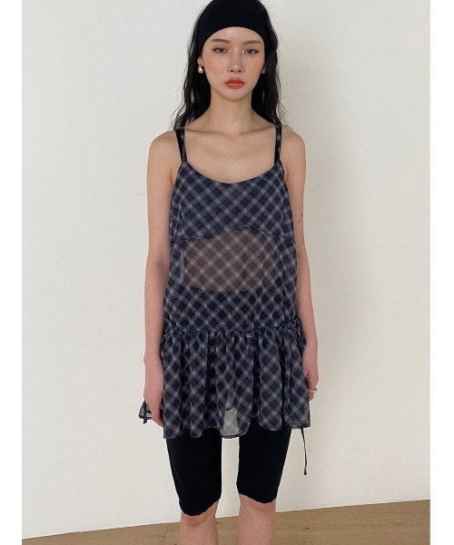 Didot.showroom（ディドット ショールーム）の「シアーチェックレイヤーキャミミニワンピ（ワンピース・レディース・グレー/ブラック・FREE）」の4枚目の写真