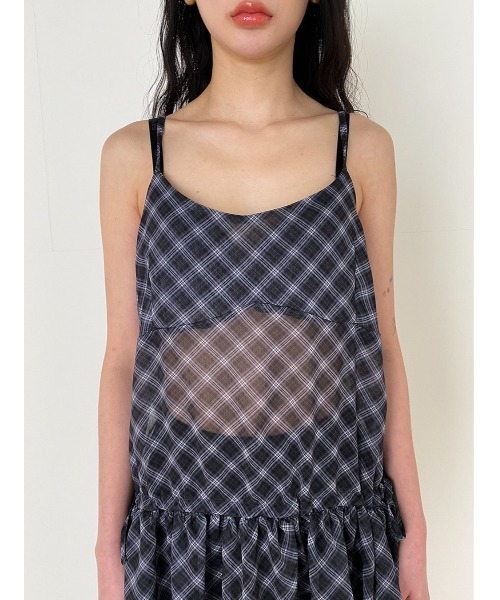 Didot.showroom（ディドット ショールーム）の「シアーチェックレイヤーキャミミニワンピ（ワンピース・レディース・グレー/ブラック・FREE）」の5枚目の写真