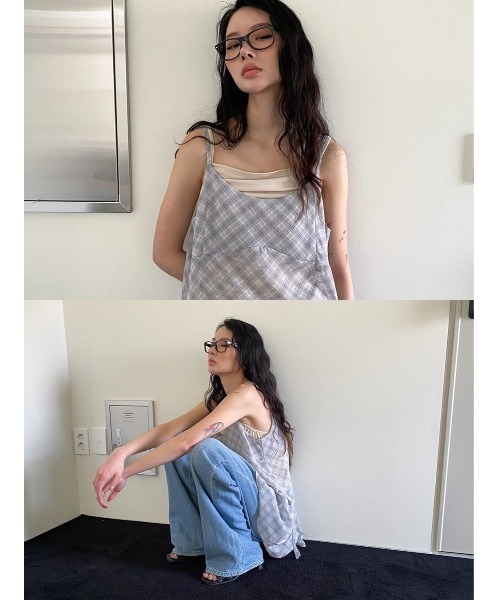 Didot.showroom（ディドット ショールーム）の「シアーチェックレイヤーキャミミニワンピ（ワンピース・レディース・グレー/ブラック・FREE）」の14枚目の写真