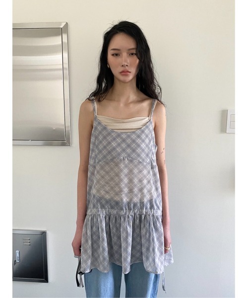 Didot.showroom（ディドット ショールーム）の「シアーチェックレイヤーキャミミニワンピ（ワンピース・レディース・グレー/ブラック・FREE）」の15枚目の写真