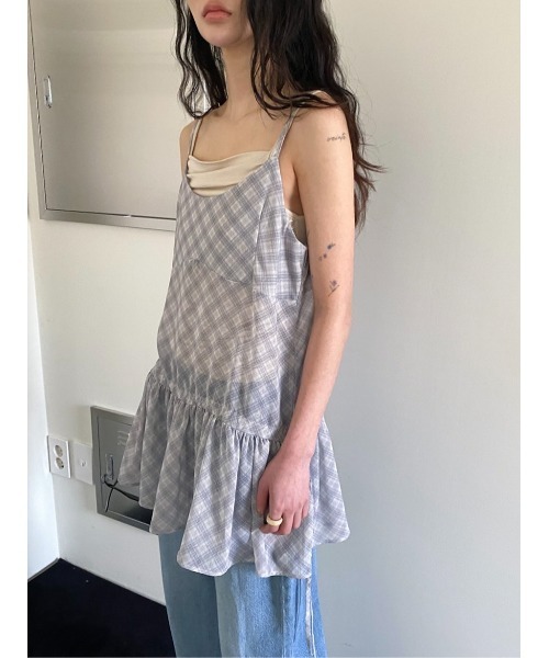 Didot.showroom（ディドット ショールーム）の「シアーチェックレイヤーキャミミニワンピ（ワンピース・レディース・グレー/ブラック・FREE）」の16枚目の写真