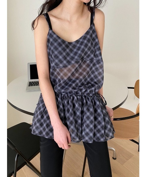 Didot.showroom（ディドット ショールーム）の「シアーチェックレイヤーキャミミニワンピ（ワンピース・レディース・グレー/ブラック・FREE）」の3枚目の写真