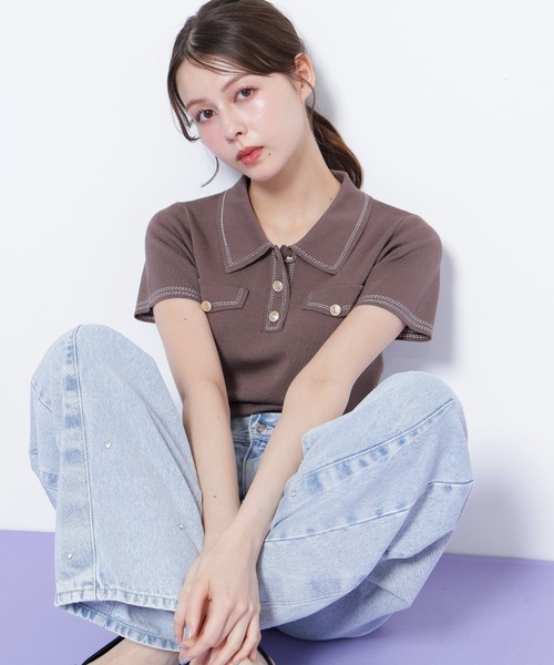 JILL by JILL STUART（ジルバイジルスチュアート）の「ステッチポロニット（ニット/セーター・レディース・ホワイト/ブラウン/ミント/ネイビー・FREE）」の3枚目の写真