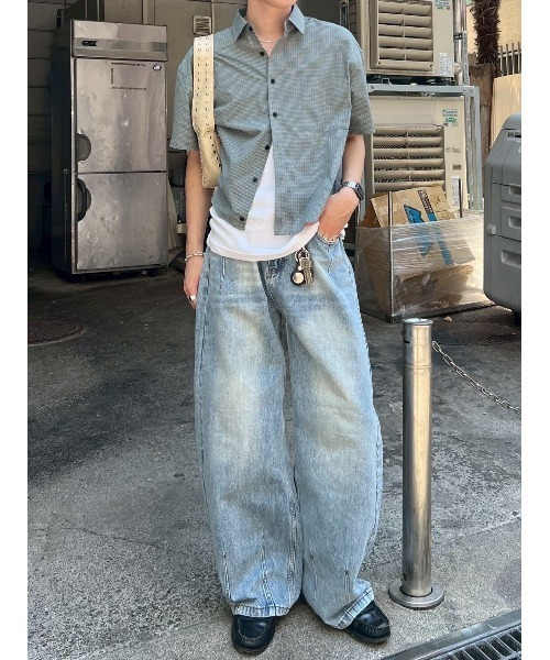 Chikashitsu +（チカシツプラス）の「【Chikashitsu +】cropped check half sleeve shirt / 【チカシツプラス】クロップドチェック半袖シャツ（シャツ/ブラウス・メンズ・ブラウン/ブラック/スカイブルー・ONE SIZE）」の7枚目の写真