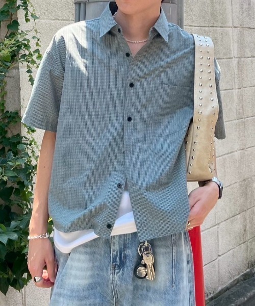 Chikashitsu +（チカシツプラス）の「【Chikashitsu +】cropped check half sleeve shirt / 【チカシツプラス】クロップドチェック半袖シャツ（シャツ/ブラウス・メンズ・ブラウン/ブラック/スカイブルー・ONE SIZE）」の4枚目の写真