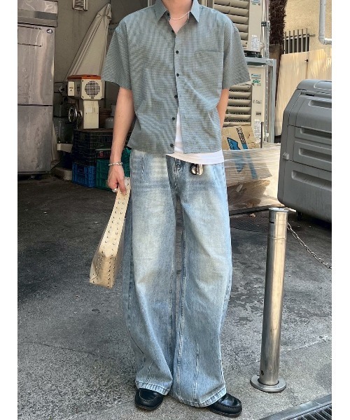 Chikashitsu +（チカシツプラス）の「【Chikashitsu +】cropped check half sleeve shirt / 【チカシツプラス】クロップドチェック半袖シャツ（シャツ/ブラウス・メンズ・ブラウン/ブラック/スカイブルー・ONE SIZE）」の8枚目の写真