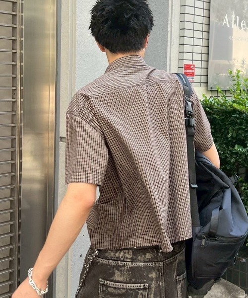 Chikashitsu +（チカシツプラス）の「【Chikashitsu +】cropped check half sleeve shirt / 【チカシツプラス】クロップドチェック半袖シャツ（シャツ/ブラウス・メンズ・ブラウン/ブラック/スカイブルー・ONE SIZE）」の21枚目の写真
