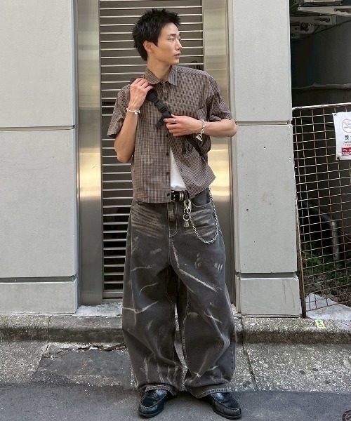 Chikashitsu +（チカシツプラス）の「【Chikashitsu +】cropped check half sleeve shirt / 【チカシツプラス】クロップドチェック半袖シャツ（シャツ/ブラウス・メンズ・ブラウン/ブラック/スカイブルー・ONE SIZE）」の14枚目の写真