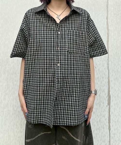 Chikashitsu +（チカシツプラス）の「【Chikashitsu +】cropped check half sleeve shirt / 【チカシツプラス】クロップドチェック半袖シャツ（シャツ/ブラウス・メンズ・ブラウン/ブラック/スカイブルー・ONE SIZE）」の11枚目の写真