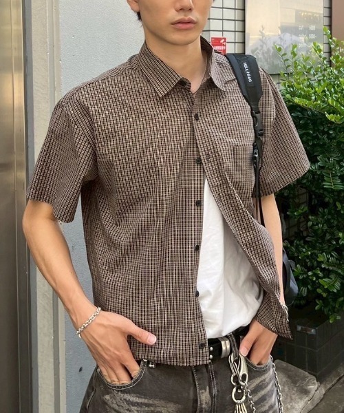 Chikashitsu +（チカシツプラス）の「【Chikashitsu +】cropped check half sleeve shirt / 【チカシツプラス】クロップドチェック半袖シャツ（シャツ/ブラウス・メンズ・ブラウン/ブラック/スカイブルー・ONE SIZE）」の20枚目の写真