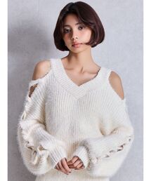 【タグ付き⭐GYDA】白　クラッシュ　セーター　サイズF Ada. ニット セーター ナンバリング刺繍 クロップド メッシュ