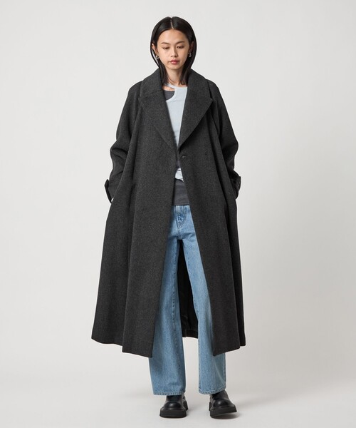 【交渉中】エメルリファインズ　ベルテッドフレアロングコート　ネイビーS EMMEL REFINES＞EM ベルテッド フレア ロングコート（チェスターコート