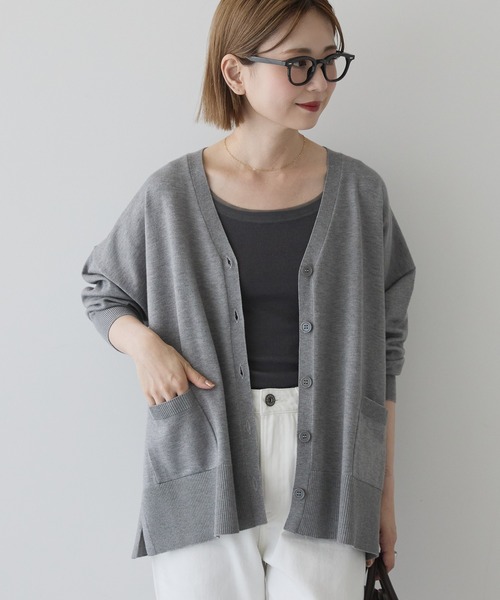 AMERICAN HOLIC(アメリカンホリック)の「バイパチVネックルーズカーディガン(カーディガン/ボレロ・レディース・ピンク/グリーン/ベージュ/ネイビー/杢グレー・M/L)」の2枚目の写真