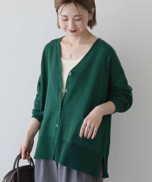 AMERICAN HOLIC(アメリカンホリック)の「バイパチVネックルーズカーディガン(カーディガン/ボレロ・レディース・ピンク/グリーン/ベージュ/ネイビー/杢グレー・M/L)」の4枚目の写真