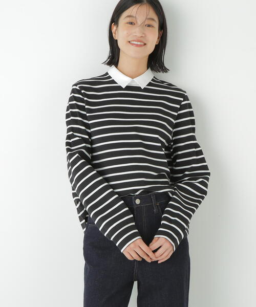 human woman（ヒューマンウーマン）の「◆ストレッチポンチシャツカラードッキングプルオーバー（Tシャツ/カットソー・レディース・ネイビー/ブラック系その他3/ベージュ系その他2・MEDIUM）」の5枚目の写真