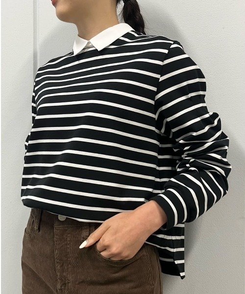 human woman（ヒューマンウーマン）の「◆ストレッチポンチシャツカラードッキングプルオーバー（Tシャツ/カットソー・レディース・ネイビー/ブラック系その他3/ベージュ系その他2・MEDIUM）」の7枚目の写真