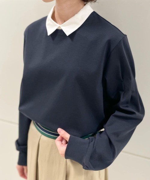 human woman（ヒューマンウーマン）の「◆ストレッチポンチシャツカラードッキングプルオーバー（Tシャツ/カットソー・レディース・ネイビー/ブラック系その他3/ベージュ系その他2・MEDIUM）」の8枚目の写真