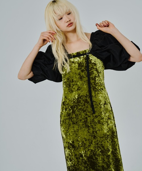 カーヴドスクエアベロアドレス / curved square velour dress