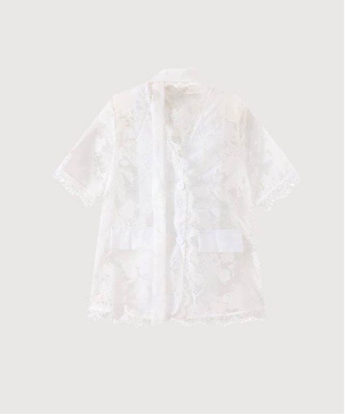 LA POMME petit(ラポミ・プチ)の「French Emboss Lace Tie Shirt(シャツ/ブラウス・レディース・ホワイト/ブラック・FREE)」の1枚目の写真