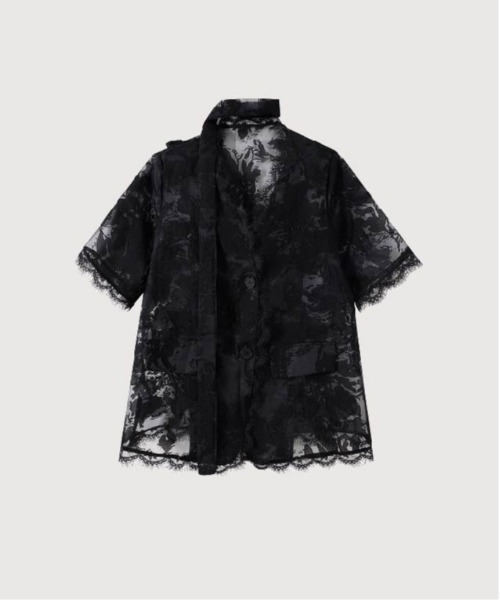 LA POMME petit(ラポミ・プチ)の「French Emboss Lace Tie Shirt(シャツ/ブラウス・レディース・ホワイト/ブラック・FREE)」の2枚目の写真